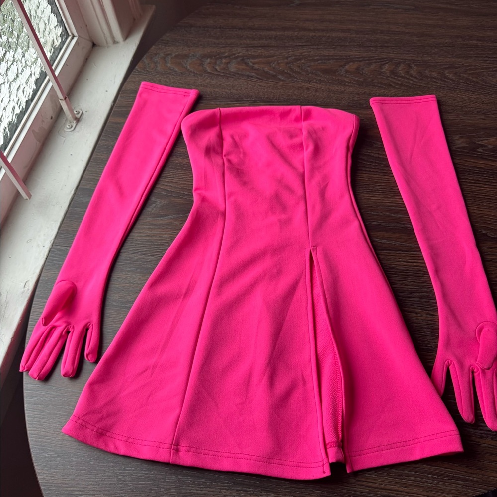 Miscreants Pink Strapless Dress with Gloves
